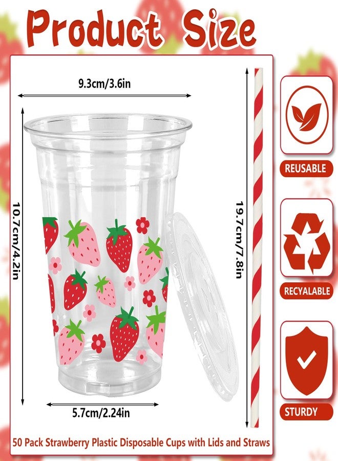 JarThenaAMCS 50Pcs Strawberry Plastic Cups with Lids and Straws Pink Red Strawberry Flower Clear Plastic Cups 12oz Disposable Cups for Summer Spring Party Supplies - Image 2